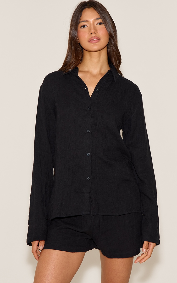 Black Cheesecloth Long Sleeve Short Pj Set image 1