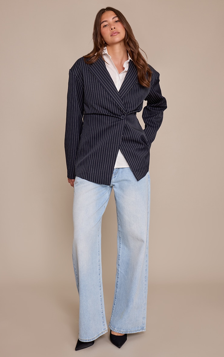 Navy Pinstripe Gathered Cinched Waist Blazer image 3