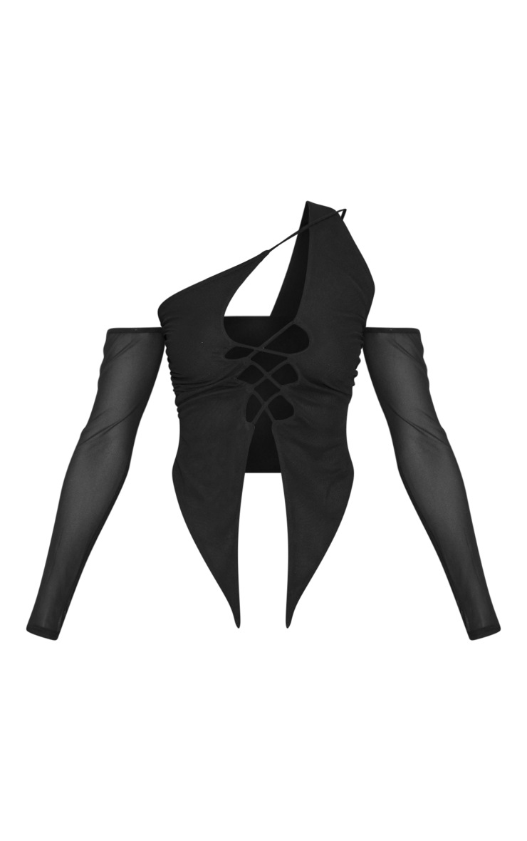 Black Mesh Lace Up Pointed Hem Cold Shoulder Top image 5