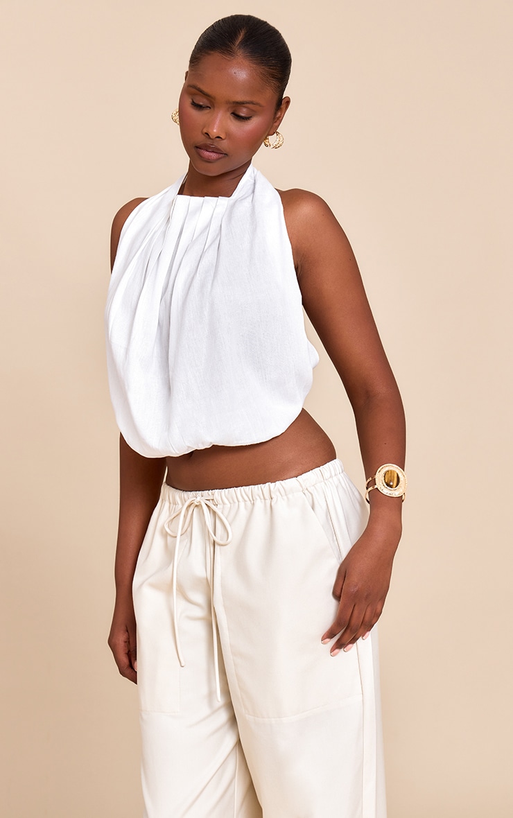 White Linen Blend Highneck Backless Puffball Top image 1