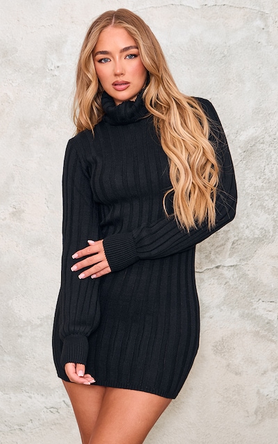 Robe pull col roulé en maille tricot noire