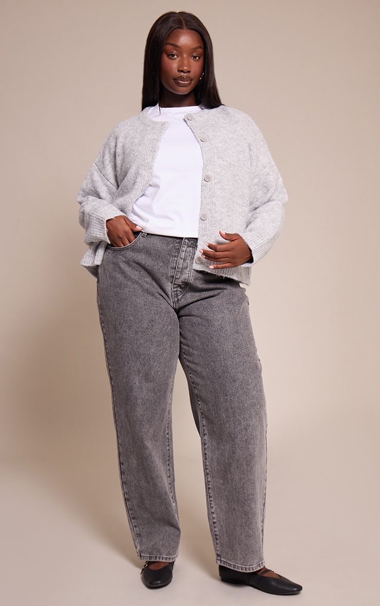 Plus Light Grey Brushed Oversized Detail Round Neck Cardigan image 3