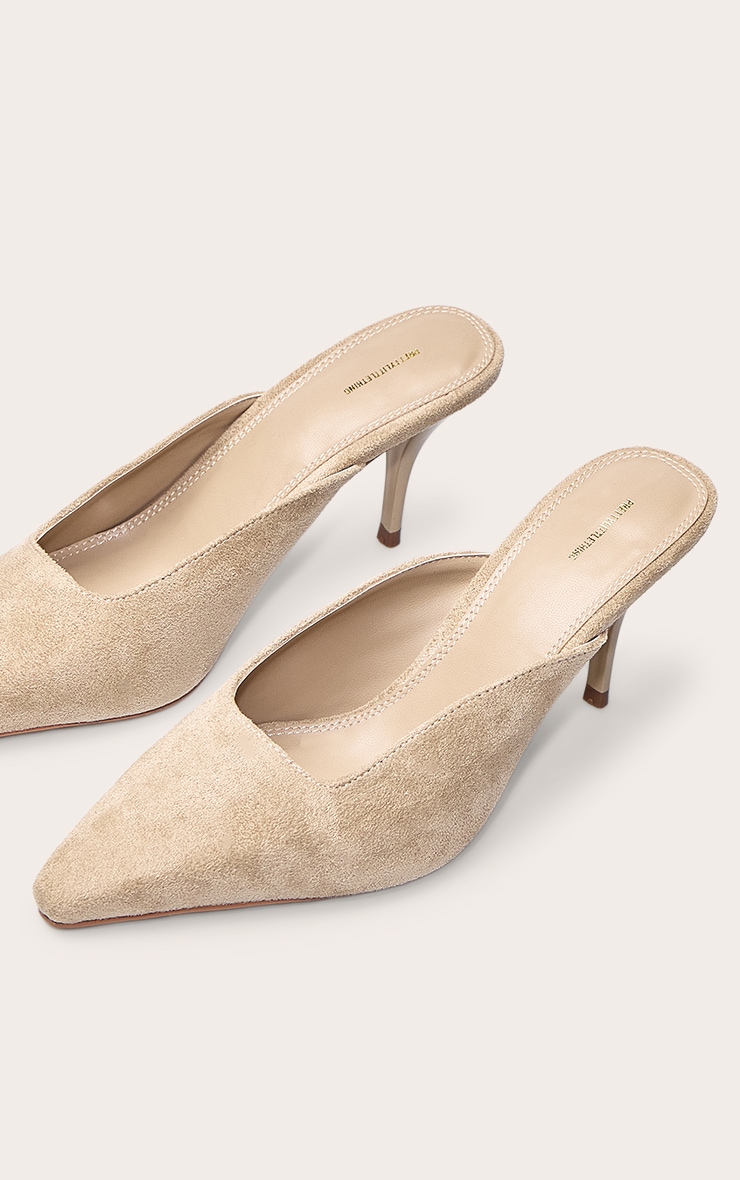 Taupe Faux Suede Squared Chiseled Toe Court Mules image 5