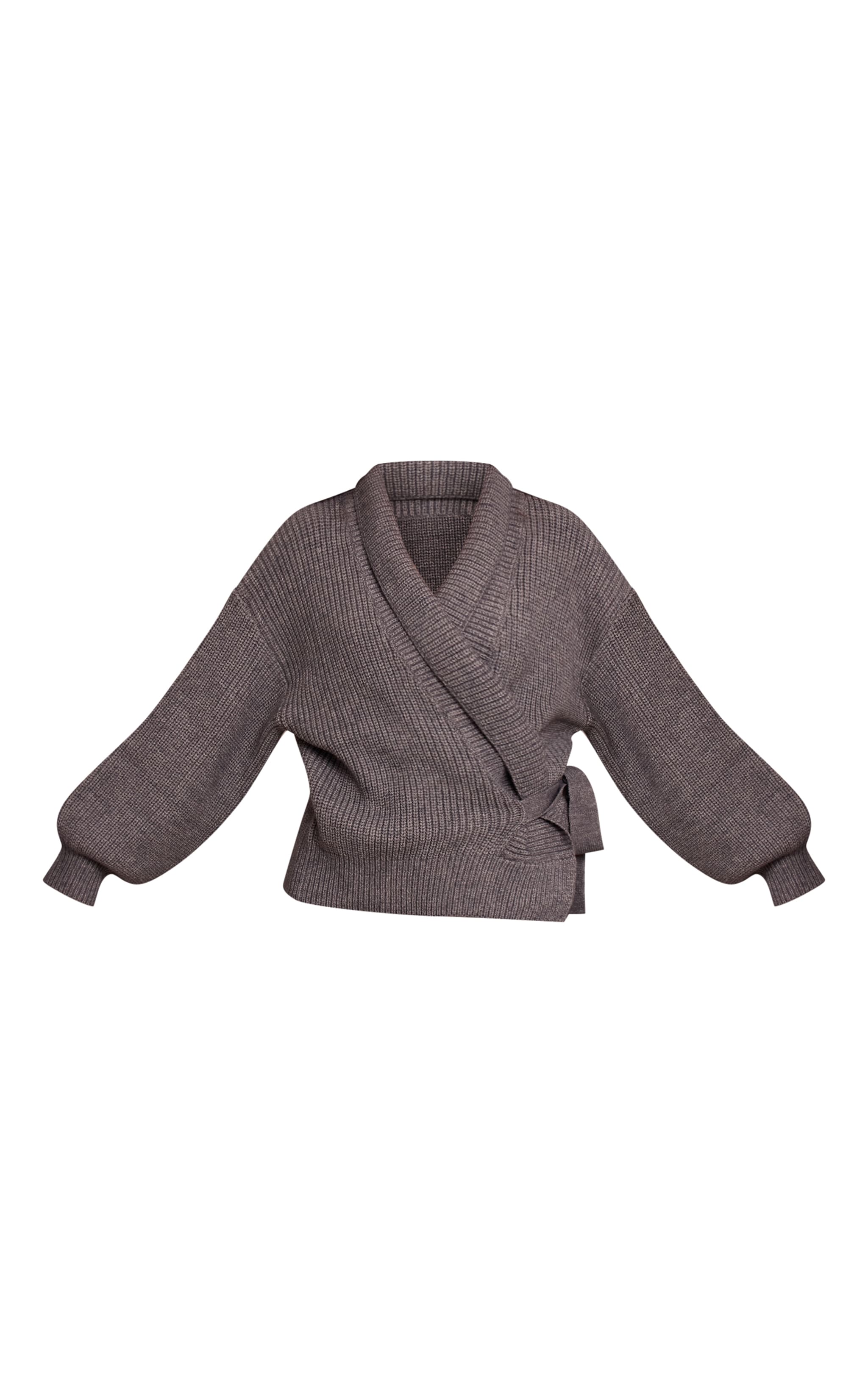 Grey Chunky Knit Rib Wrap Cardigan | Knitwear | PLT KSA
