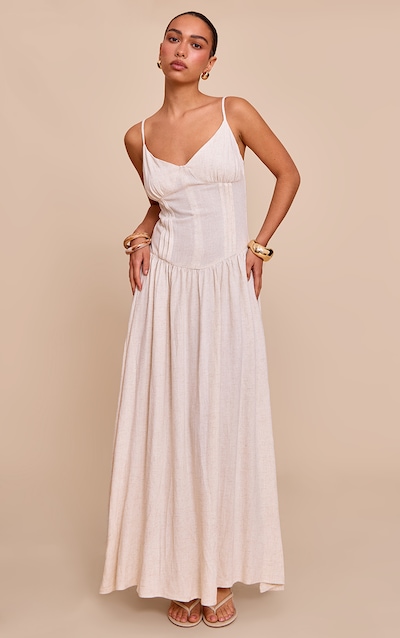 Natural Textured Woven Pleat Detail Maxi Dress