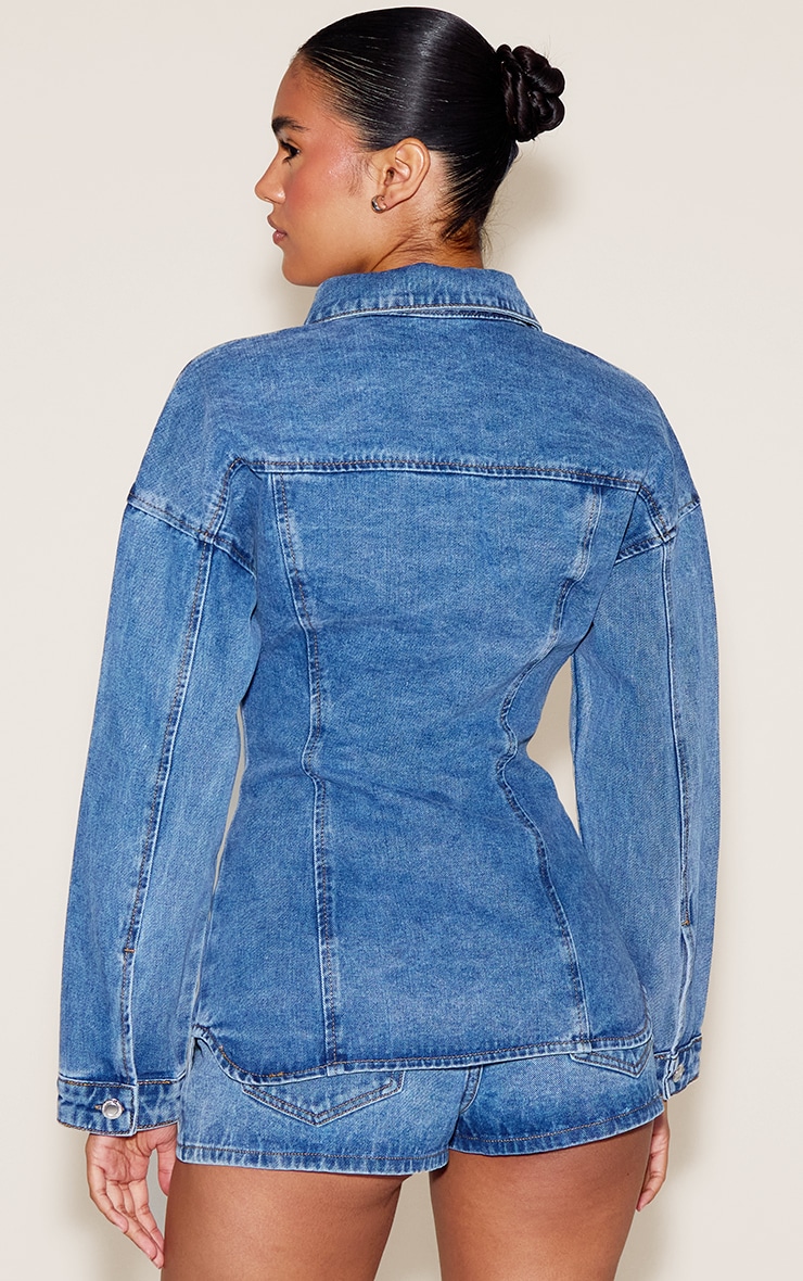 Mid Blue Wash Seam Detail Cinch Waist Longline Shirt image 2