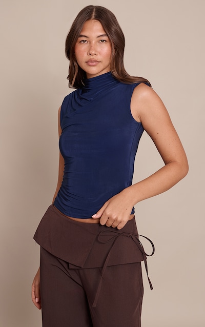 Navy Slinky Shoulder Detail Sleeveless Top