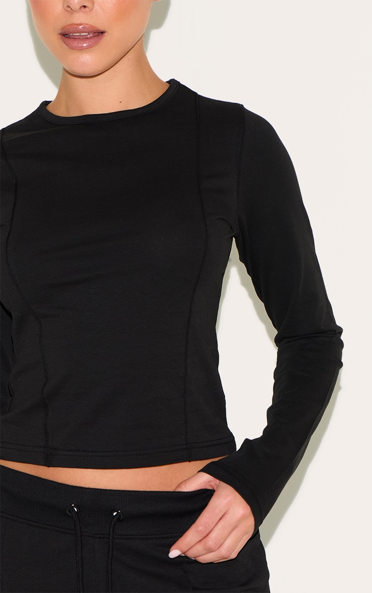 Black Cotton Seam Detail Long Sleeve Top image 4