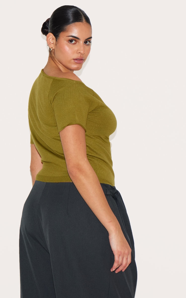 Plus Olive Basic Knit Asymmetric Neckline Top image 2