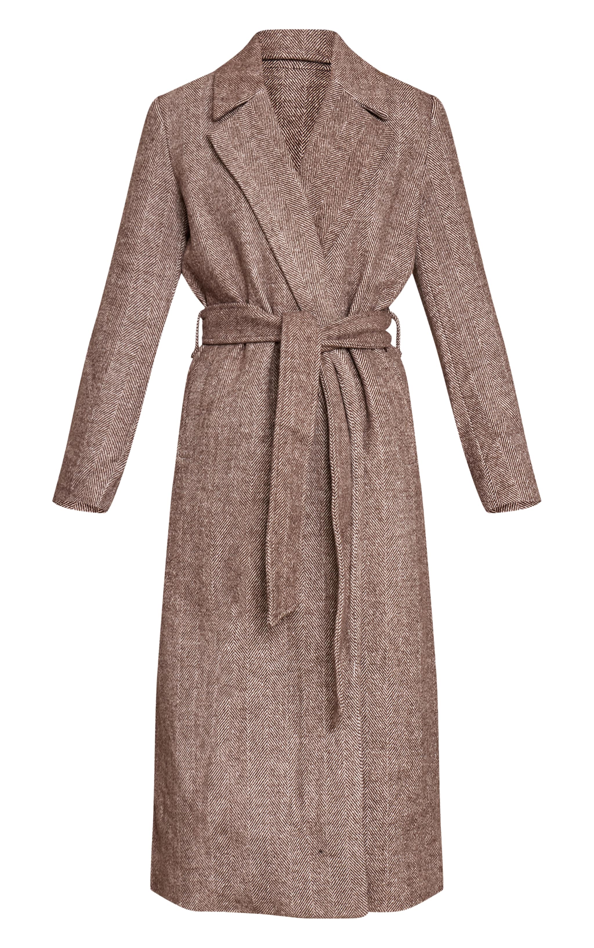 Brown Herringbone Tie Waist Maxi Coat image 5