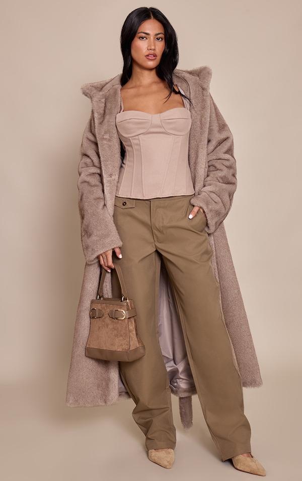 Khaki Woven Button Barrel Leg Pants