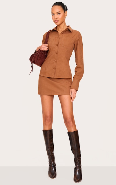 Mini-jupe en maille sergée marron clair à taille mi-haute