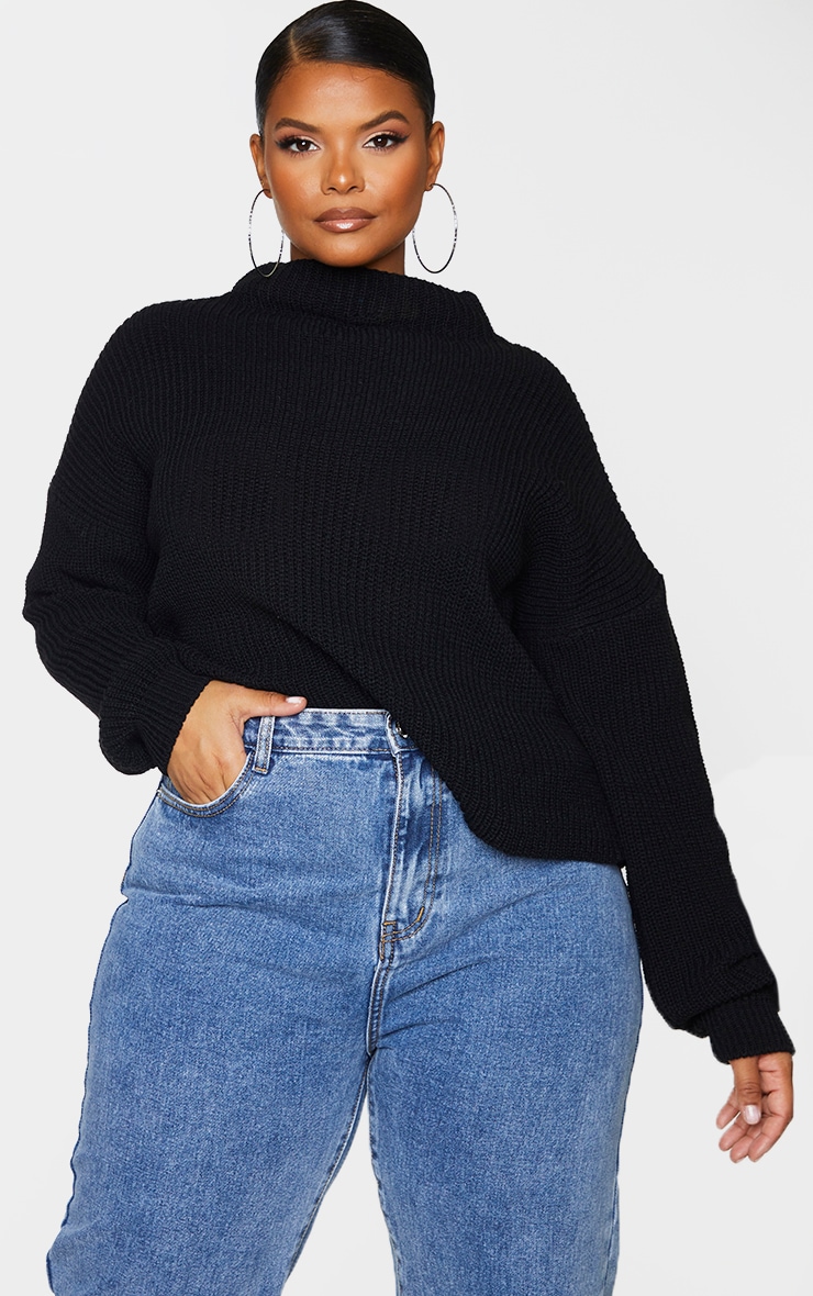 Plus Black High Neck Knitted Side Split Jumper image 1