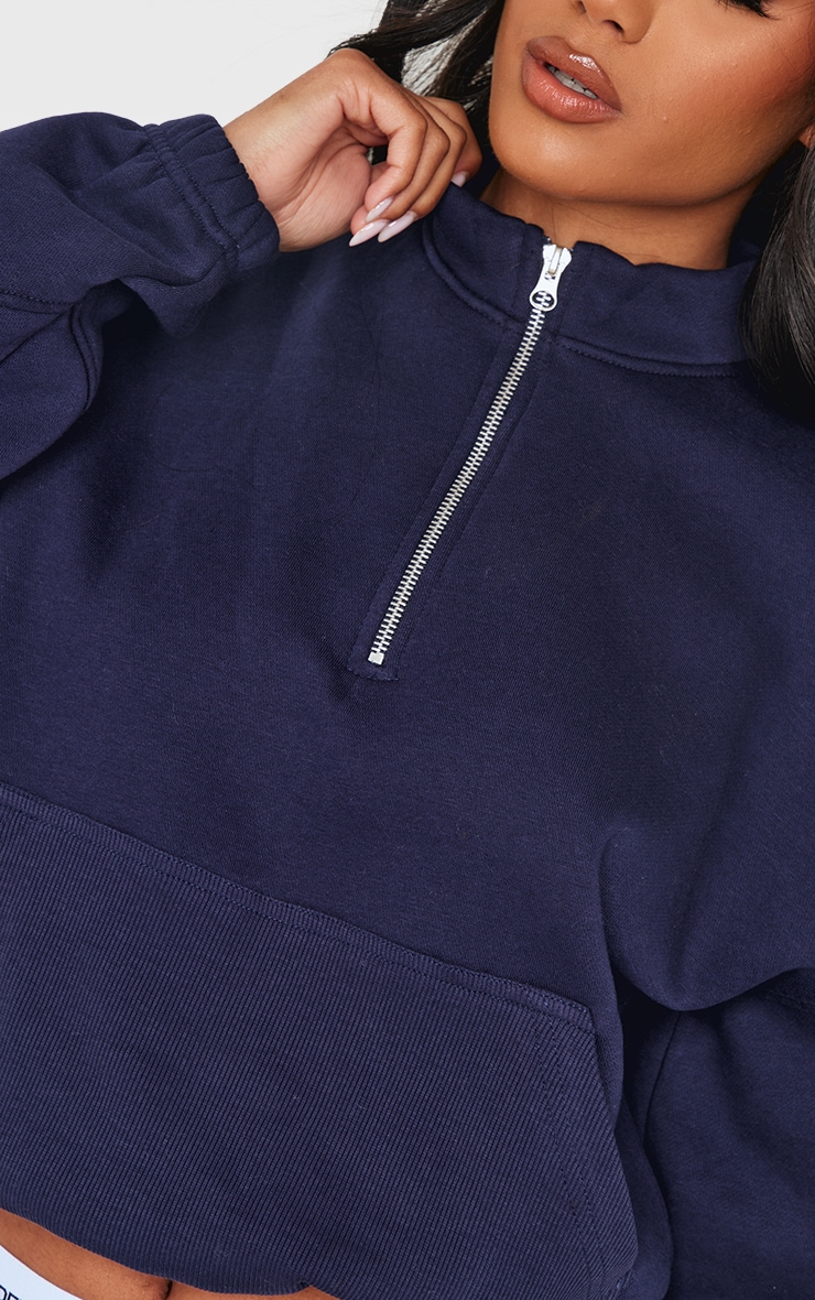 Blue Grey Rib Pocket Seam Detail Half Zip Sweatshirt image 4