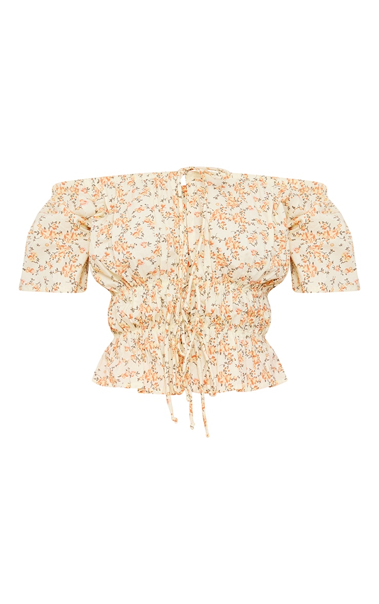 Pale Yellow Cotton Print Bardot Crop Top image 5