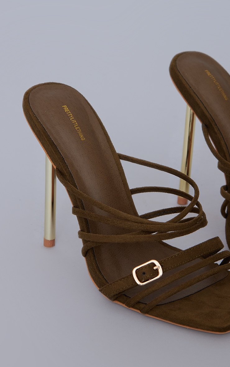Khaki Faux Suede Square Toe Multi Strap Metal High Heeled Sandals image 3