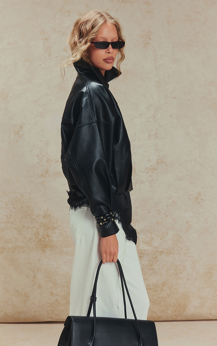 Black Faux Leather Covered Placket Bomber Jacket image 7