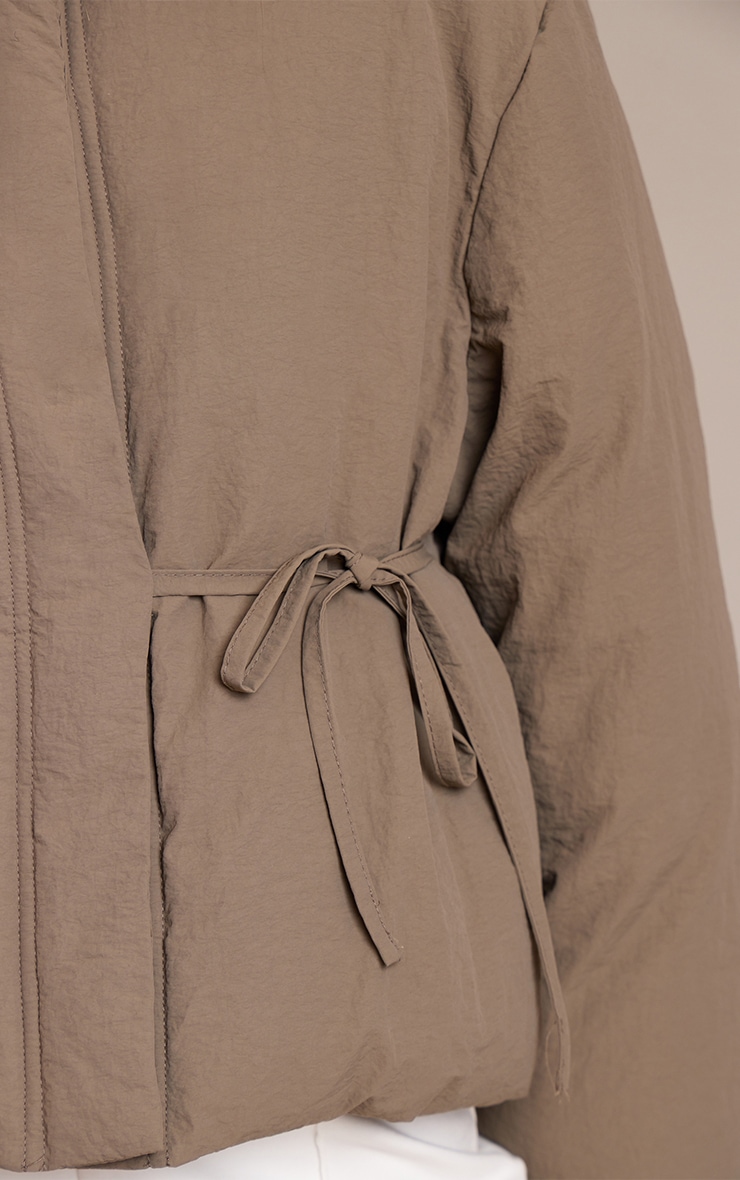 Washed Khaki High Neck Tie Waist Quilted Jacket image 4