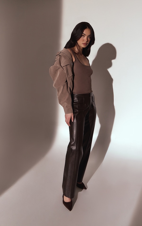 Dark Chocolate Faux Leather Seam Detail Straight Leg Pants