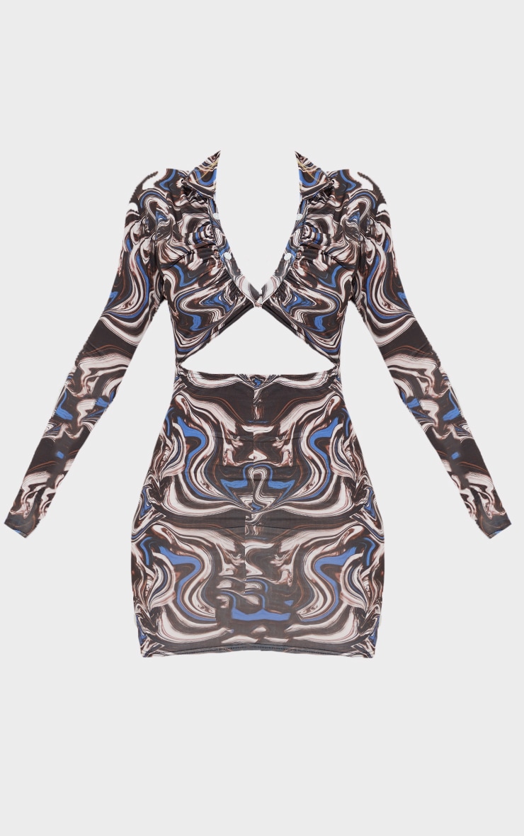 Brown Marble Print Collared Cut Out Long Sleeve Bodycon Dress image 5