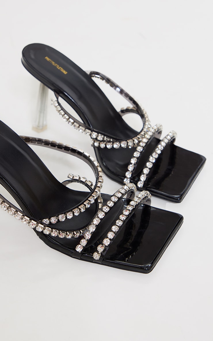 Black Metallic Diamante Strap Heeled Mules image 2