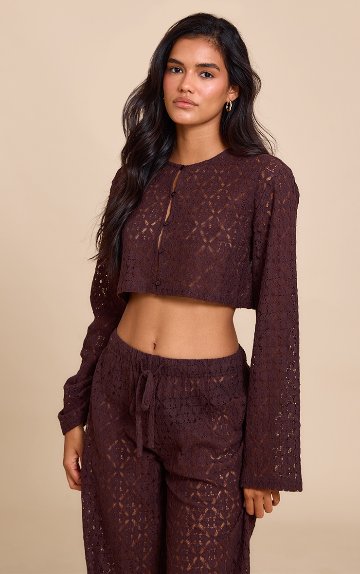 Brown Lace Button Detail Crop Top image 4