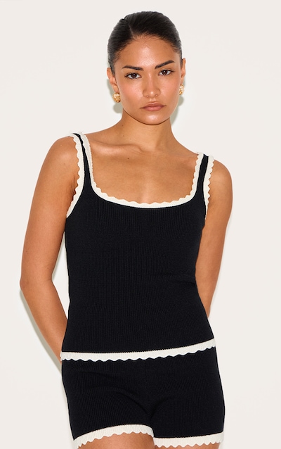 Débardeur Noir court en maille tricot côtelée à bord festonné et encolure ronde