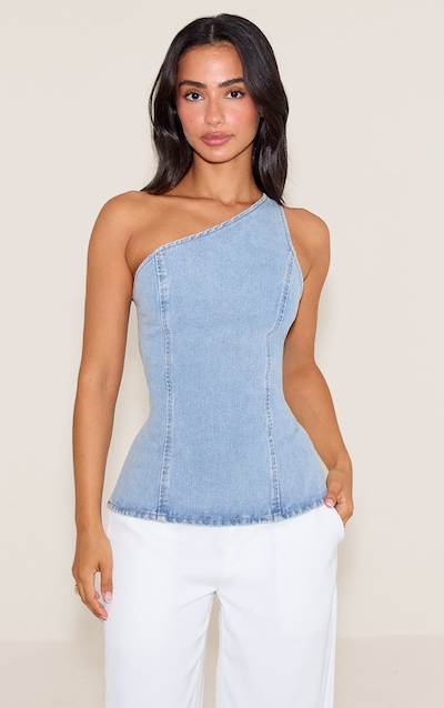 Petite Light Blue Wash Asymmetric Open Back Denim Top