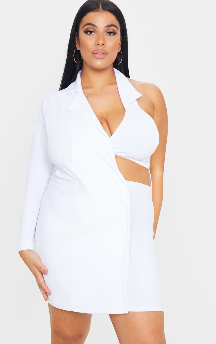 PLT Plus - Robe blazer blanche à manche unique et boutons