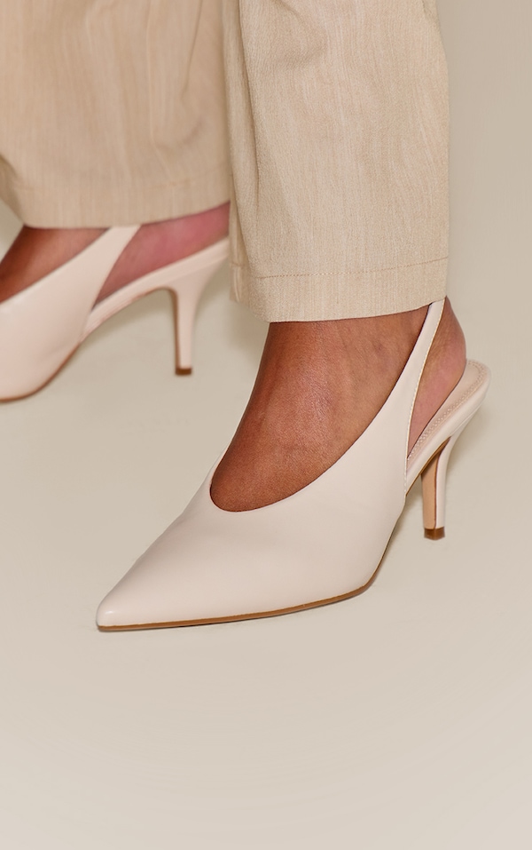 Cream PU  High Vamp Mid Heel Sling Back Courts