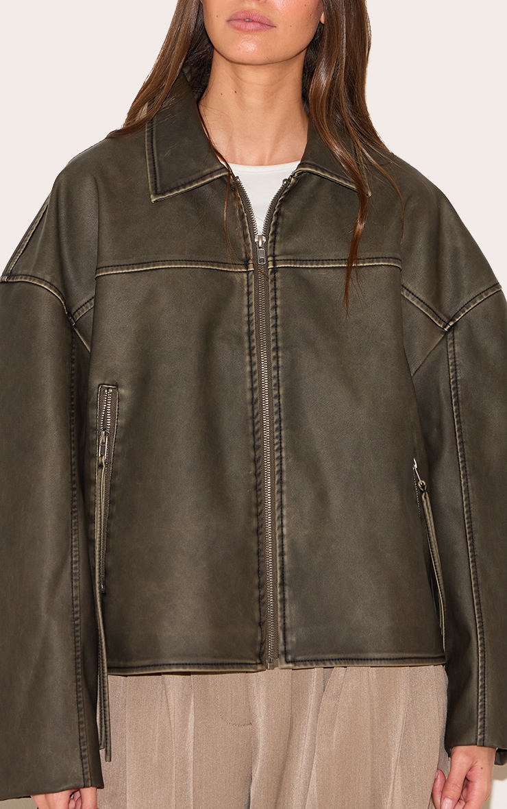 Brown Distressed Look Zip Boxy Trim Detail Biker Jacket image 4