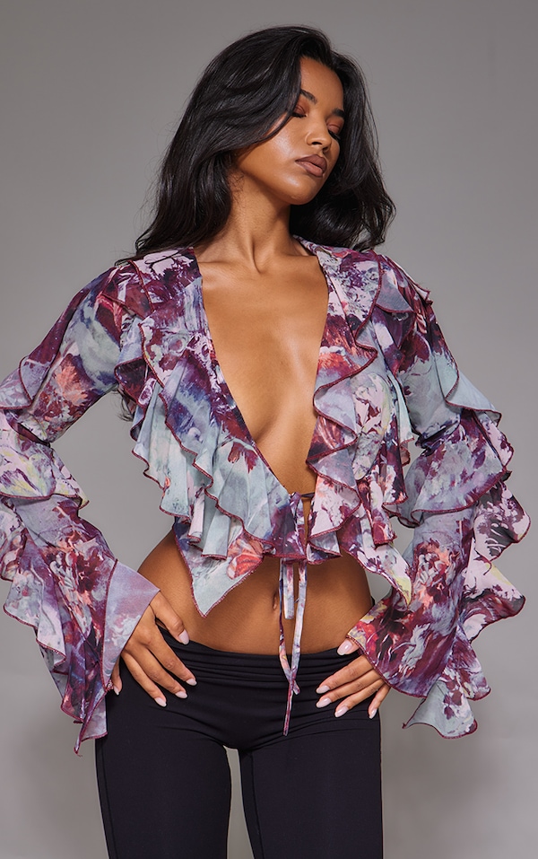 Purple Printed Sheer Woven Ruffle Tie Crop Blouse