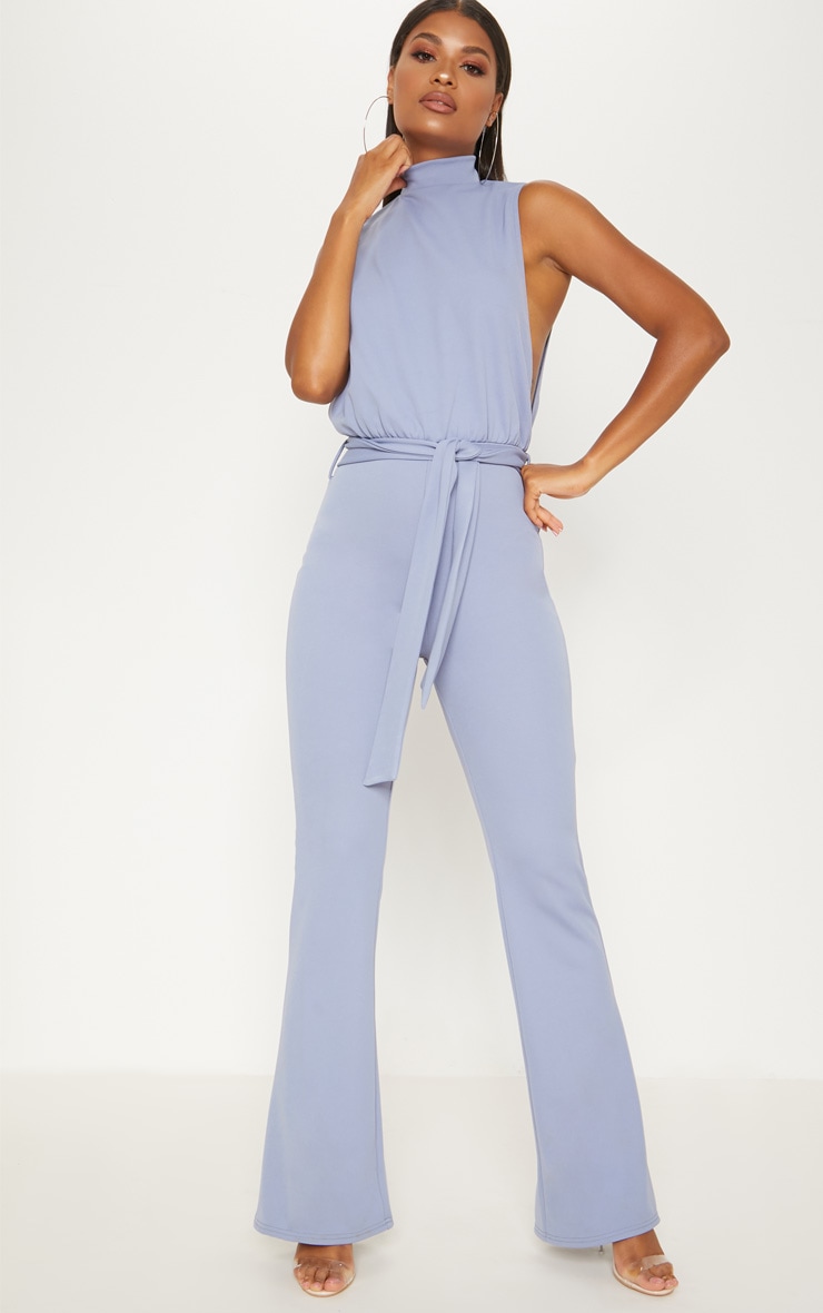 scuba high neck tie waist jumpsuit