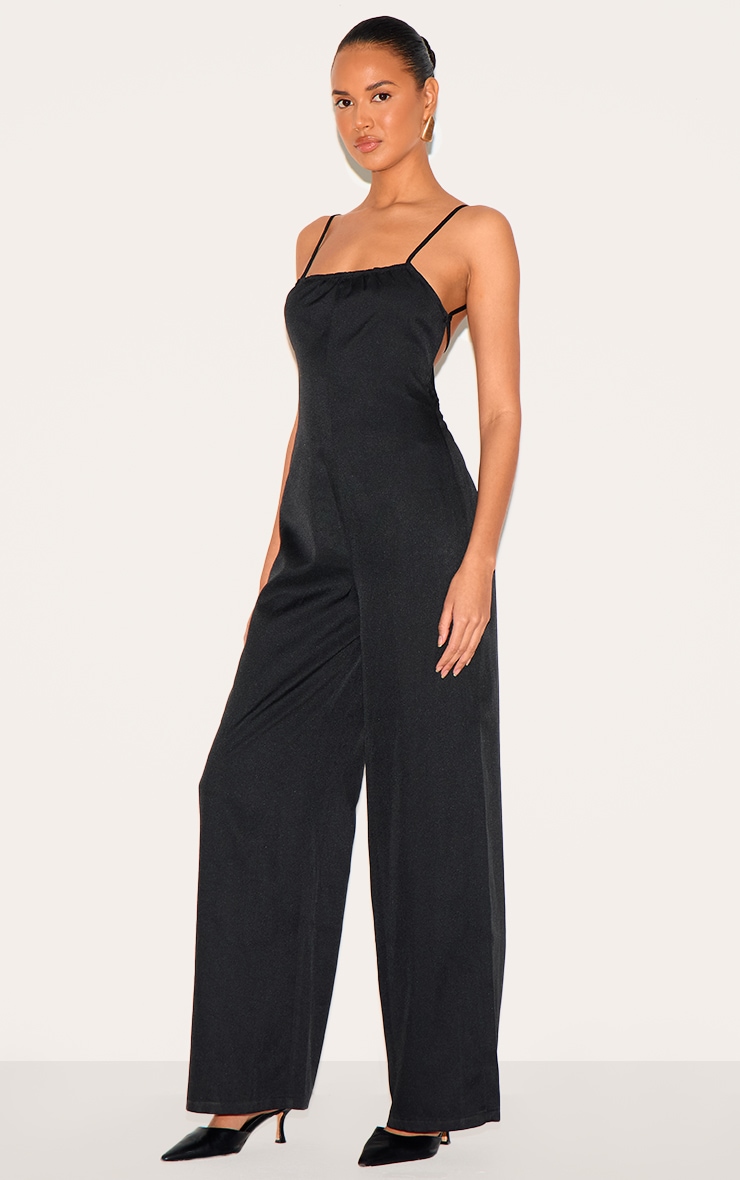 Black Woven Backless Square Neck Wide Leg Jumpsuit image 3