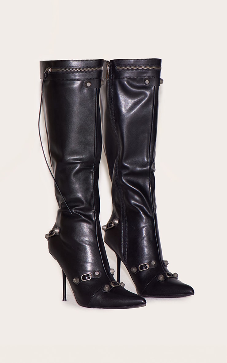 Bottes hautes pointues en PU noir à zip et talon haut image 3