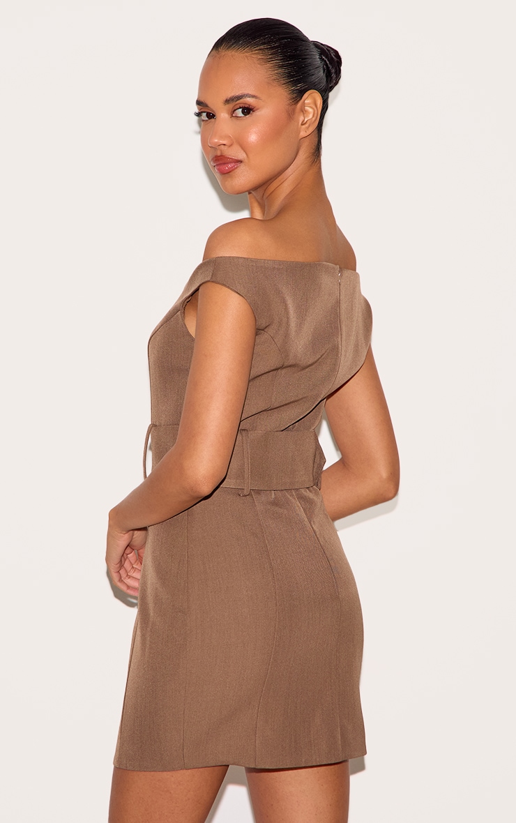 Taupe Woven Off Shoulder Belt Detail Mini Dress image 2