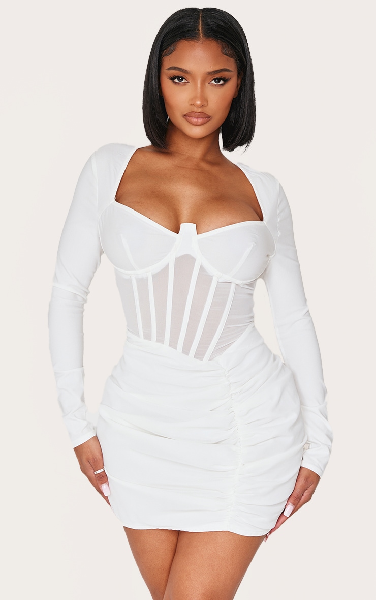 Shape WhiteMesh Insert Corseted Ruched Side Mini Dress image 3