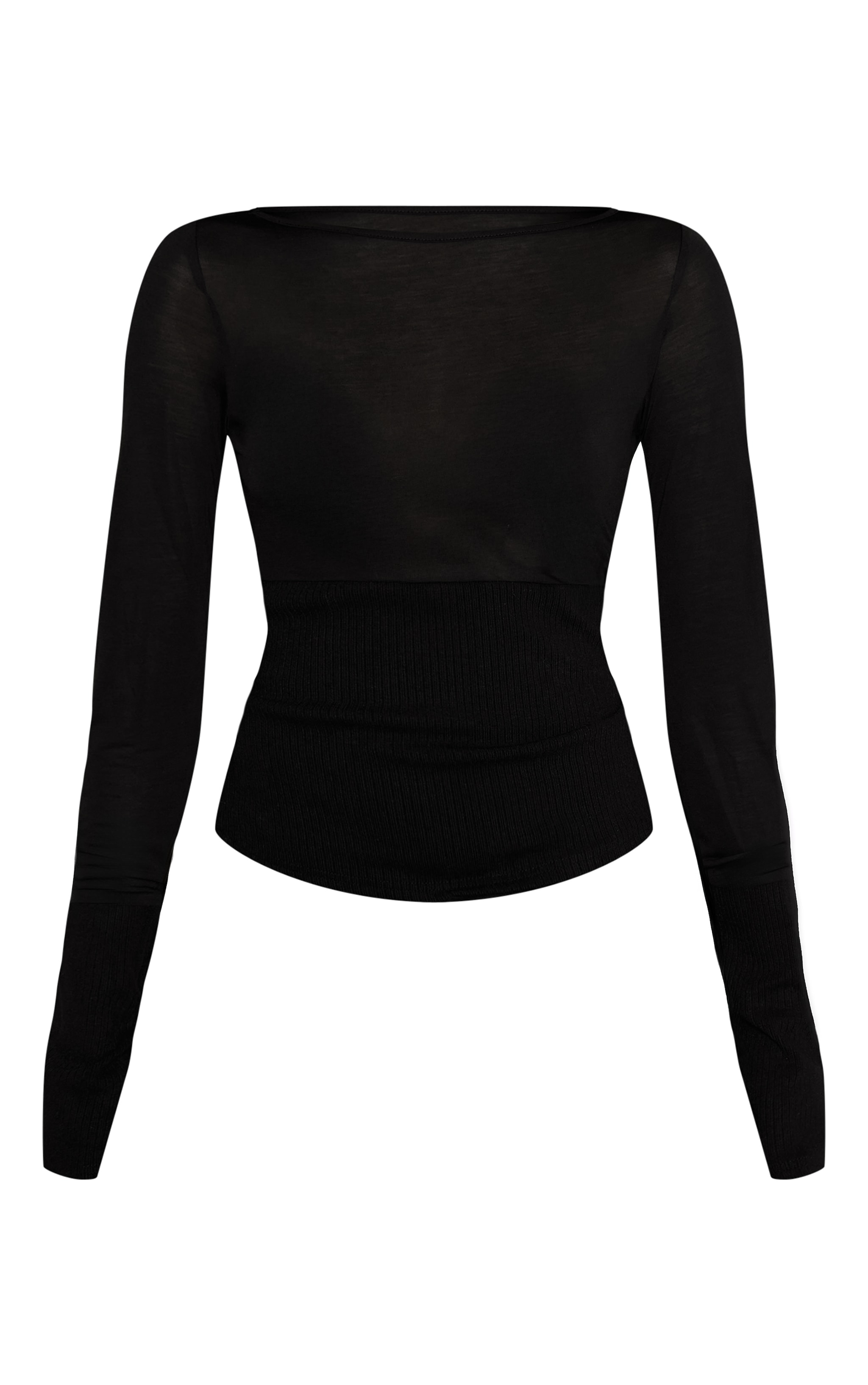 Black Contrast Jersey Rib Long Sleeve Fitted Top image 5