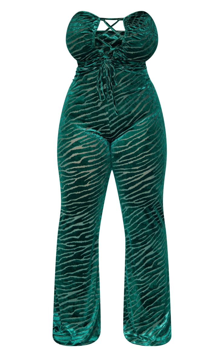 Plus Emerald Green Zebra Devore Lace Up Jumpsuit image 5