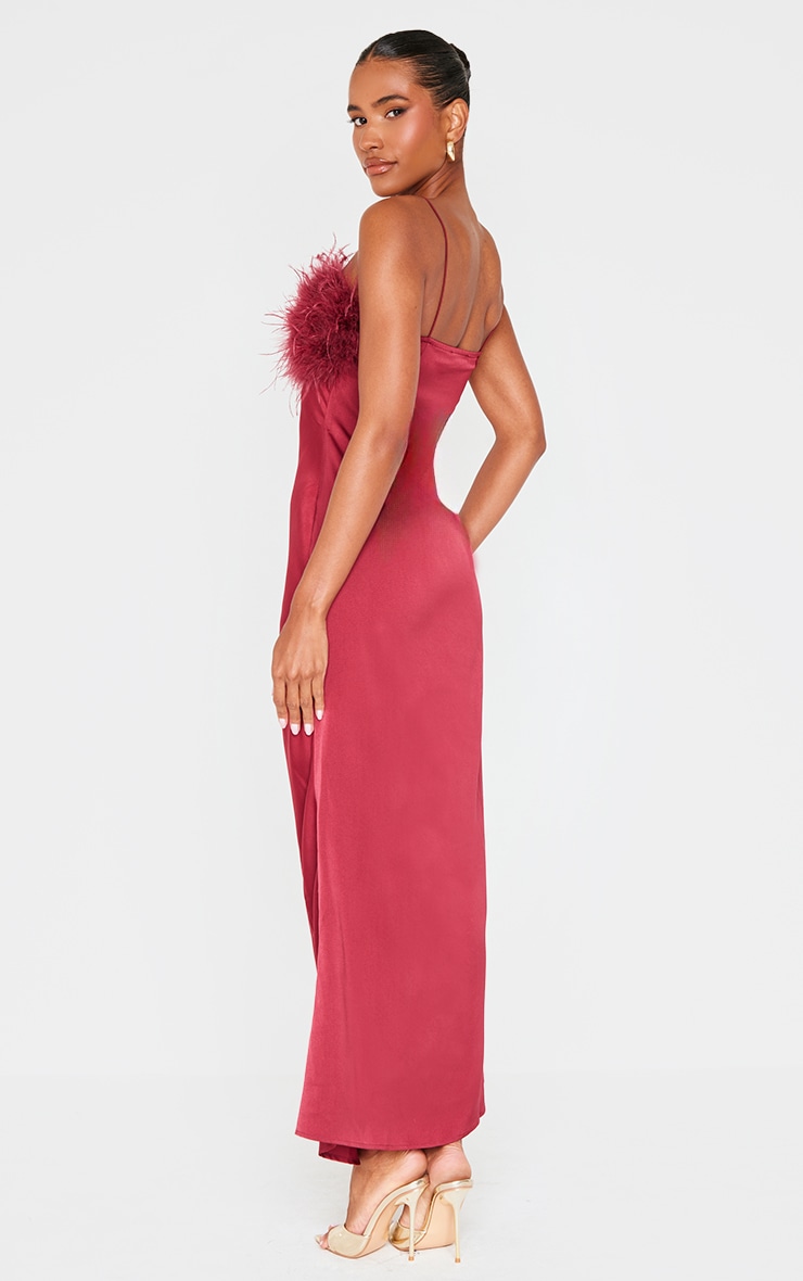 Burgundy Satin Feather Bust Detail Maxi Dress image 2