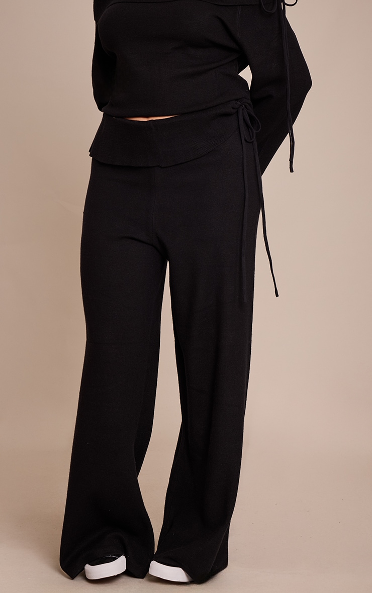 Plus Black Foldover Tie Side Knitted Wide Leg Trouser  image 2