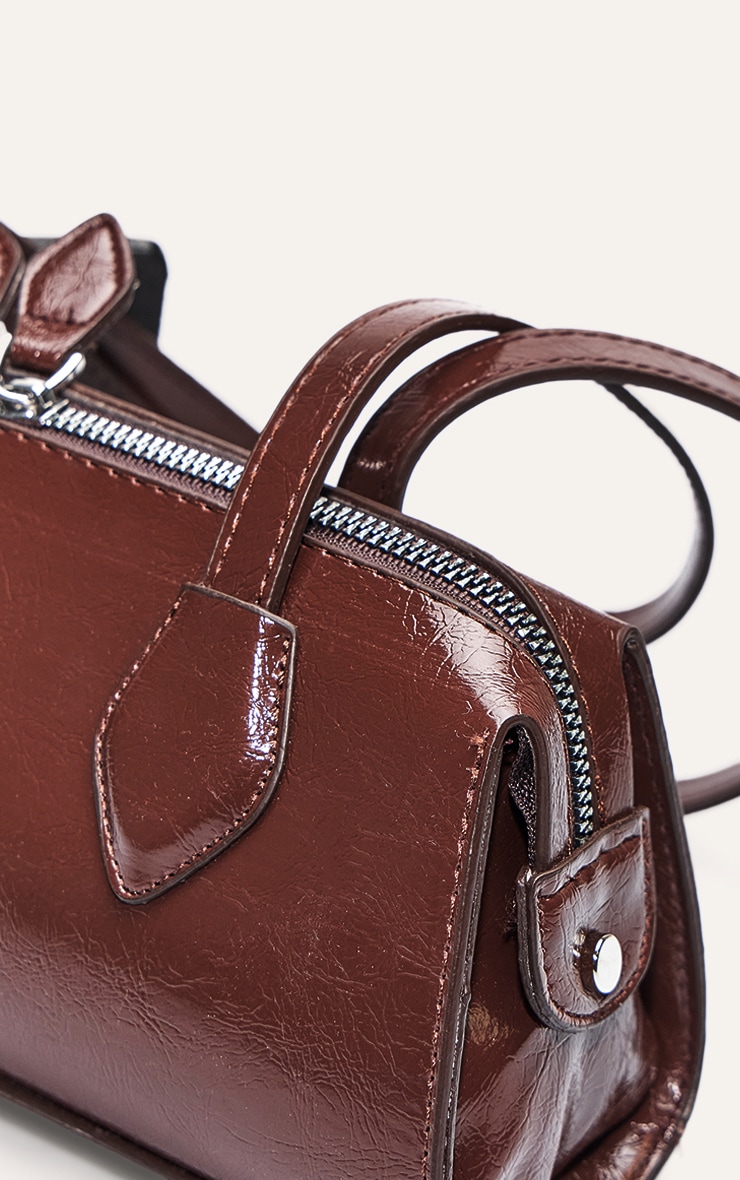 Chocolate Textured Faux Leather Bowler Bag image 4
