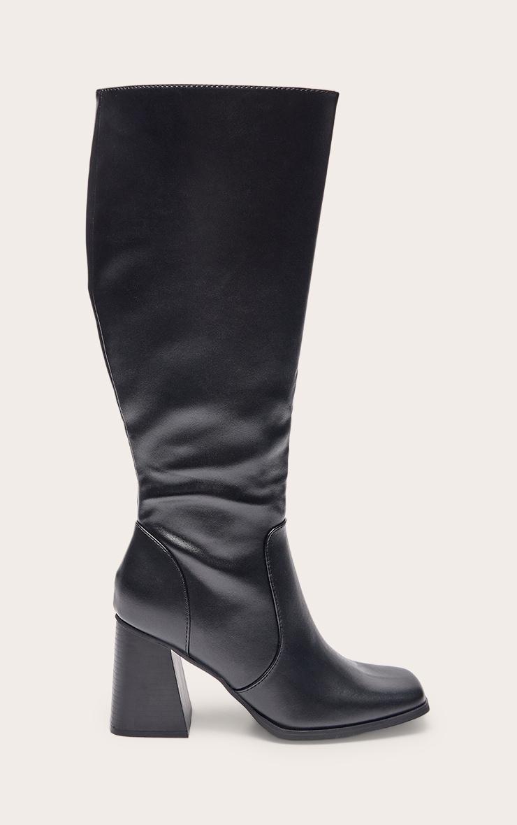 Black Pu Square Toe Block Heel Knee High Boots image 2