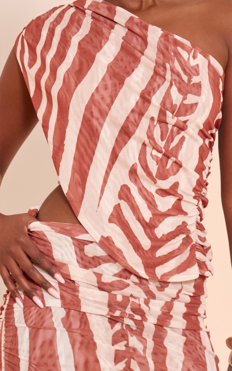 Brown Zebra Print Mesh One Shoulder Ruched Top image 4