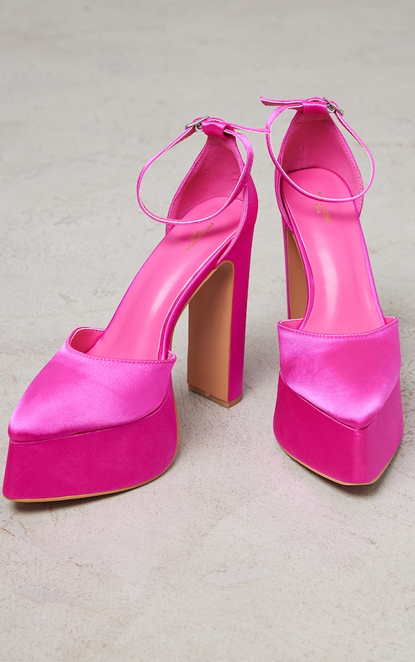 Hot Pink Wide Fit Satin Flared Point Toe Platform High Heeled Sandals image 2