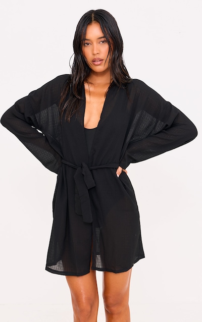 Black Crinkle Textured Short Beach Kimono