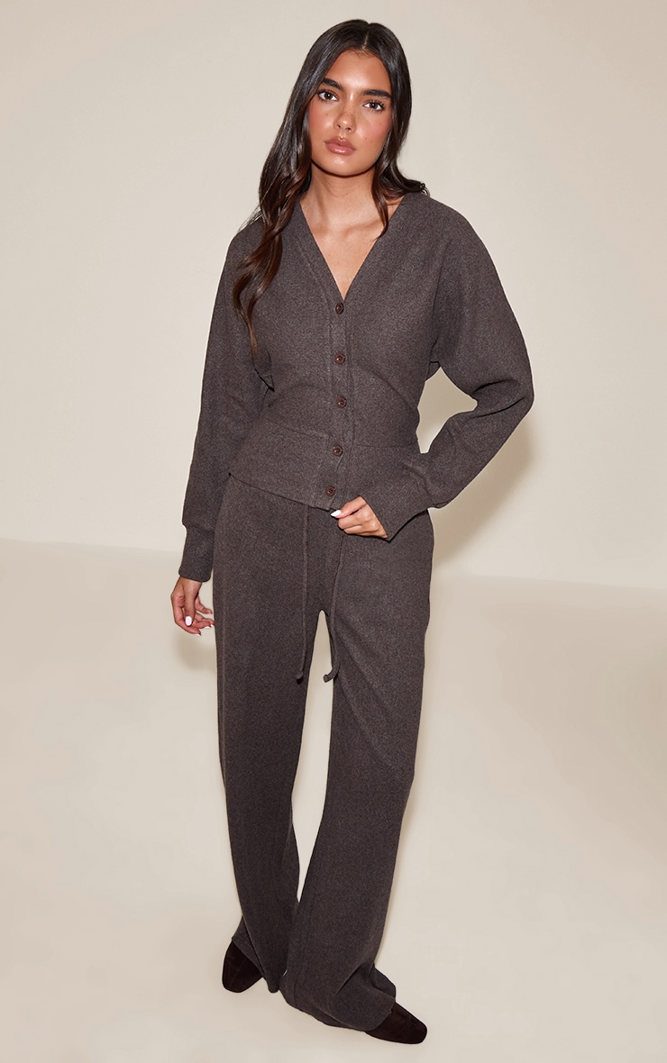 Dark Brown Soft Ribbed Low Rise Wide Leg Pants