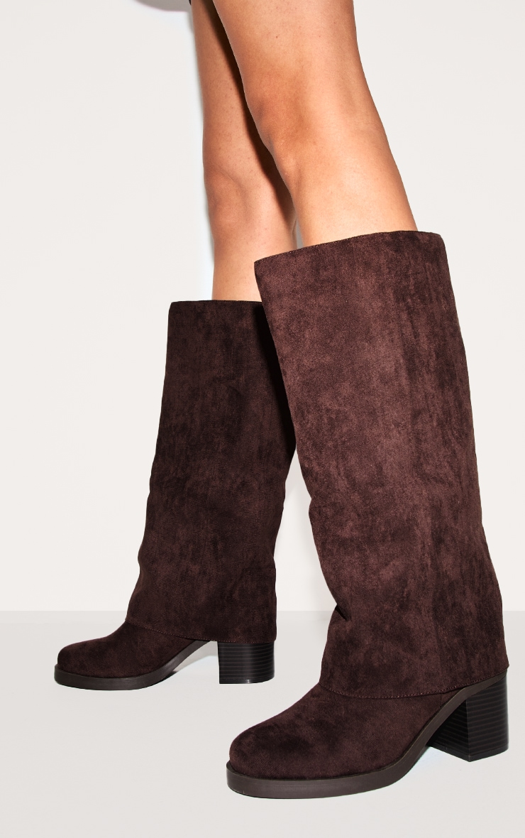 Chocolate Faux Suede Round Toe Fold Over Low Block Heel Boots image 1