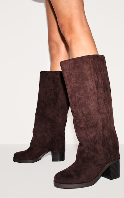Bottes rondes en suédine chocolat repliées à petit talon carré