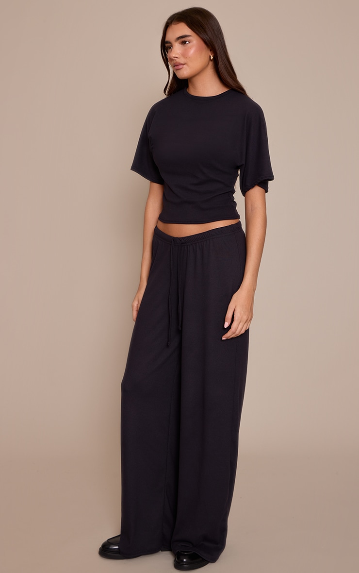 Black Soft Touch Tie Waist Casual Trousers image 2